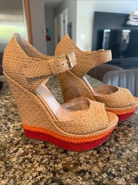 Tan Woven Platform Wedge Sandals with Red & Orange Accent